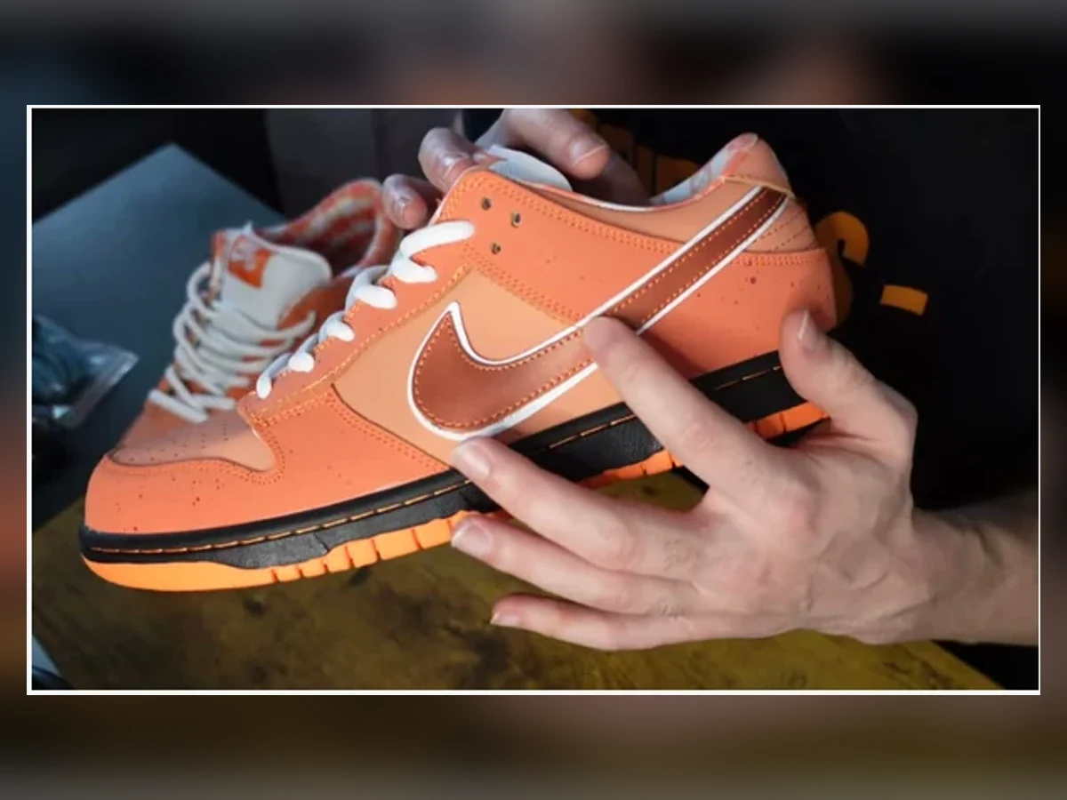 Hands displaying the exact Nike SB Dunk Orange Lobster sneakers